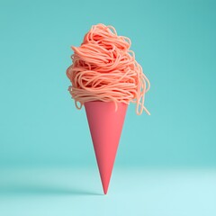 Italian taste food with spaghetti in pink cone on blue background.