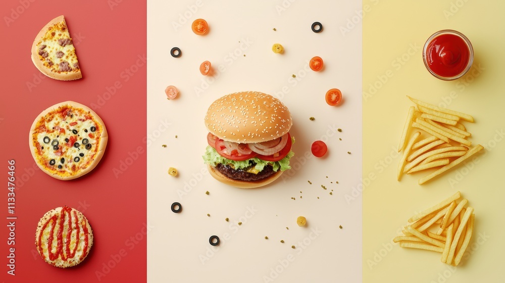 Aufkleber silhouettes of various food items including burgers, pizza slices, and fries create a vibrant and pl