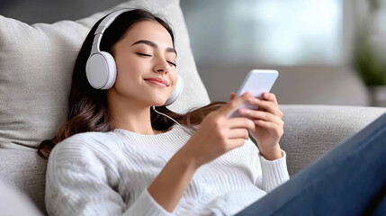 Young woman relaxing on sofa listening to music with headphones and browsing smartphone
