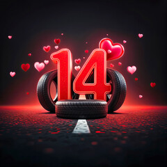 Romantic valentine's day car theme with red 14, tires and hearts