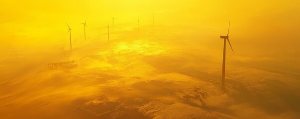 Obraz premium Aerial view of group of wind turbines on sunrise yellow sky.