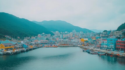 Obraz premium Scenic Coastal View of Colorful Fishing Village and Mountain Background