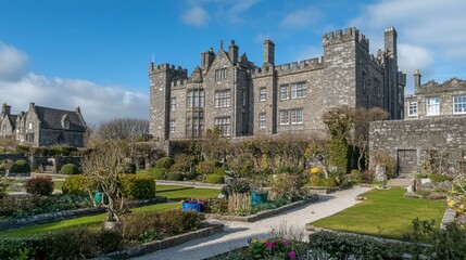 Obraz premium Historic Stone Castle Surrounded by Lush Gardens and Blue Sky