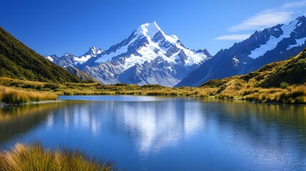 Snow-capped peaks under a clear blue sky with a calm