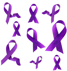 Set of World Cancer Day symbol in purple ribbon on transparent background .Cancer protection...