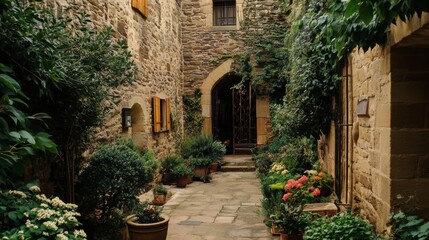 Fototapeta premium Quaint Stone Alleyway with Lush Greenery and Colorful Flowers