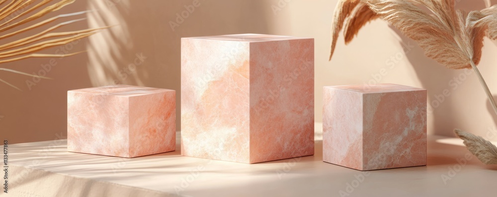 Poster cube box pink marble set minimal cream background 3d visualization
