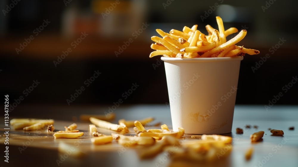 Aufkleber Crispy golden fries overflow from a white cup, scattered on a wooden table in a cozy dining area, inviting hunger and satisfaction. Generative AI