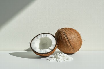 Fototapeta premium Fresh Coconut with Open Shell and Shredded Meat on White Surface