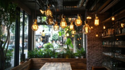 Obraz premium Warm and Cozy Interior with Hanging Light Bulbs in Modern Cafe