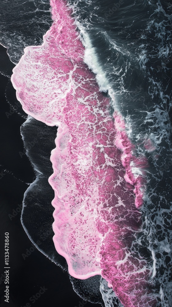 Aufkleber waves roll onto a striking black sand beach, creating mesmerizing patterns with vibrant pink foam. t