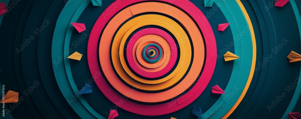 Aufkleber an intricate circular pattern of multi-colored paper icons with arrows arranged in concentric circle