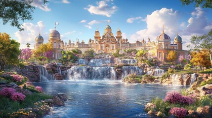 Obraz premium Majestic Palace Surrounded by Waterfalls and Lush Gardens in Nature