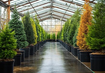 Obraz premium A wide shot of many large potted trees in black pots lined up along the interior wall of an expansive greenhouse.