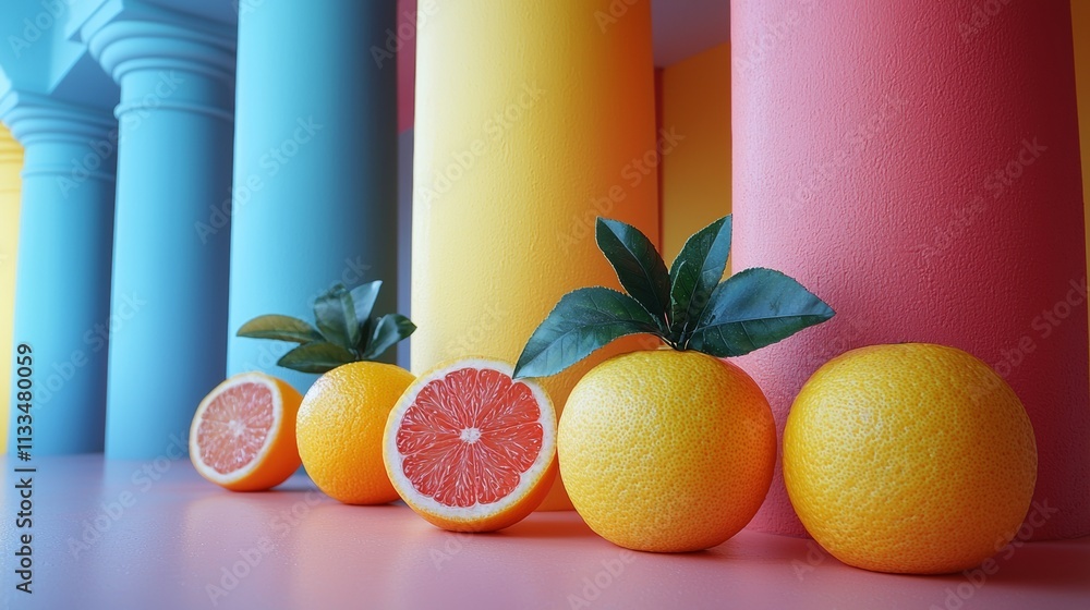 Poster fresh grapefruits arranged against colorful columns