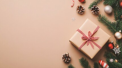 Festive gift arrangement with ornaments and pine cones cozy holiday setting aesthetic still life warm atmosphere