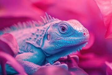 Fototapeta premium Fiji banded iguana resting on a branch in vibrant pink and blue colors