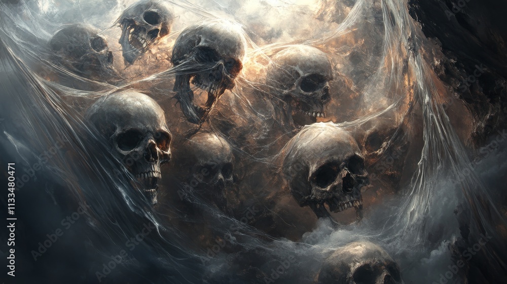 Poster a chilling scene of skulls intertwined in misty webs, creating an unsettling and eerie atmosphere. t