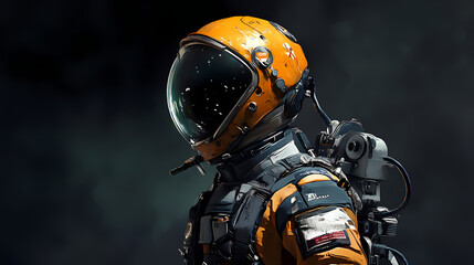 Fototapeta premium A vibrant astronaut in a detailed space suit, showcasing a unique orange helmet against a dark backdrop, representing exploration and adventure. Ether. Illustration