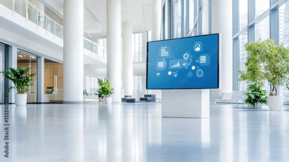 Aufkleber modern office lobby with large digital display showing business data.