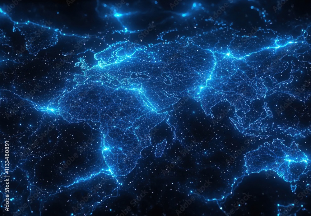 Poster global network map with glowing digital connections and data points