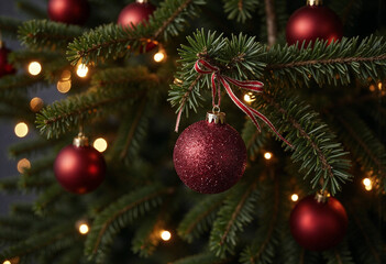 Fototapeta premium Above view on pine tree branches with Christmas fairy lights and red baubles