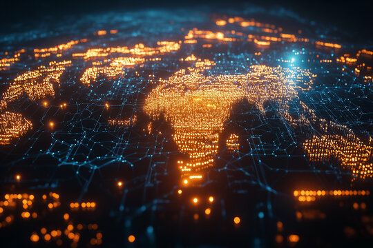 Digitale Weltkarte mit Lichtnetzen und globaler Vernetzung

