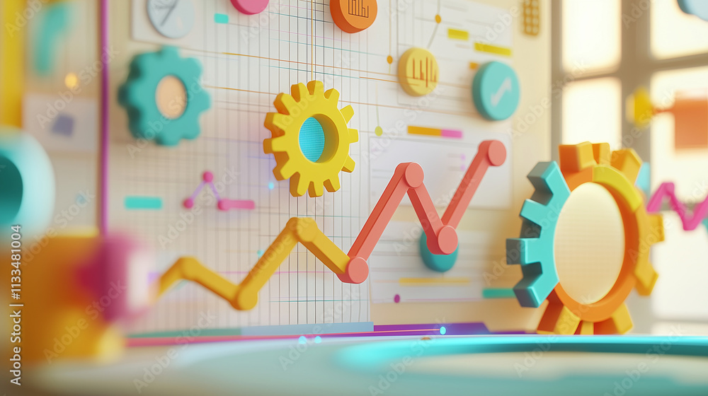 Poster a vibrant image showcasing interconnected gears, upward trending graphs, and colorful data points on