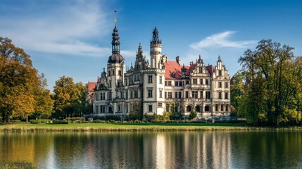 Obraz premium Scenic Castle Reflection on Serene Lake Surrounded by Trees