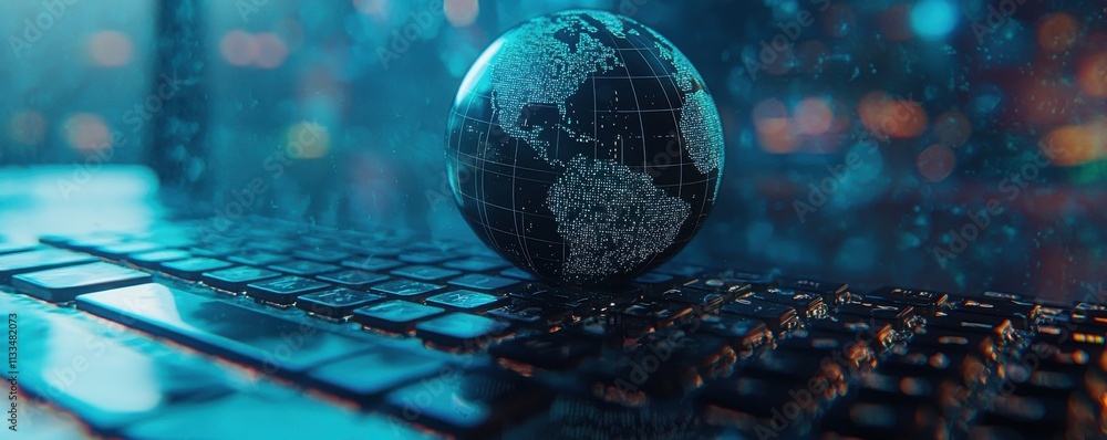 Poster illuminated globe on a computer keyboard with digital effects