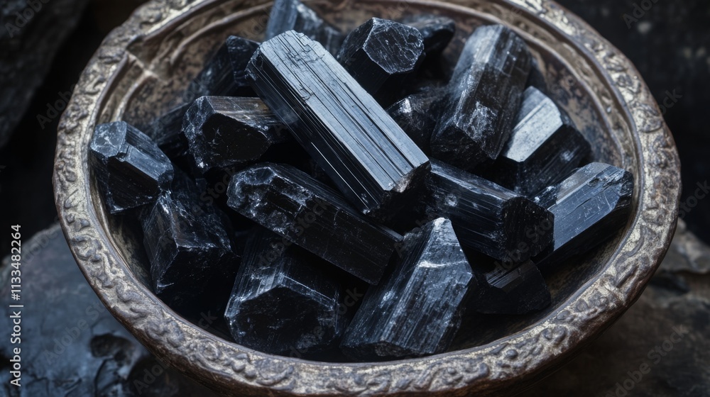 Poster a beautiful assortment of black tourmaline gemstones displayed in an intricately designed bowl.