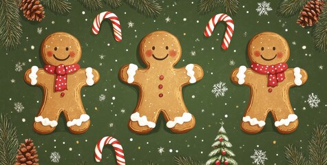 Festive pattern of gingerbread men, candy canes, and peppermint on a green background with Christmas tree elements and holly
