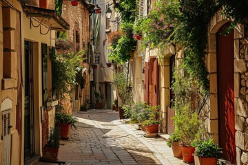 Fototapeta premium Cozy street in the historic center of Antibes, France, French Riviera near the Mediterranean Sea.