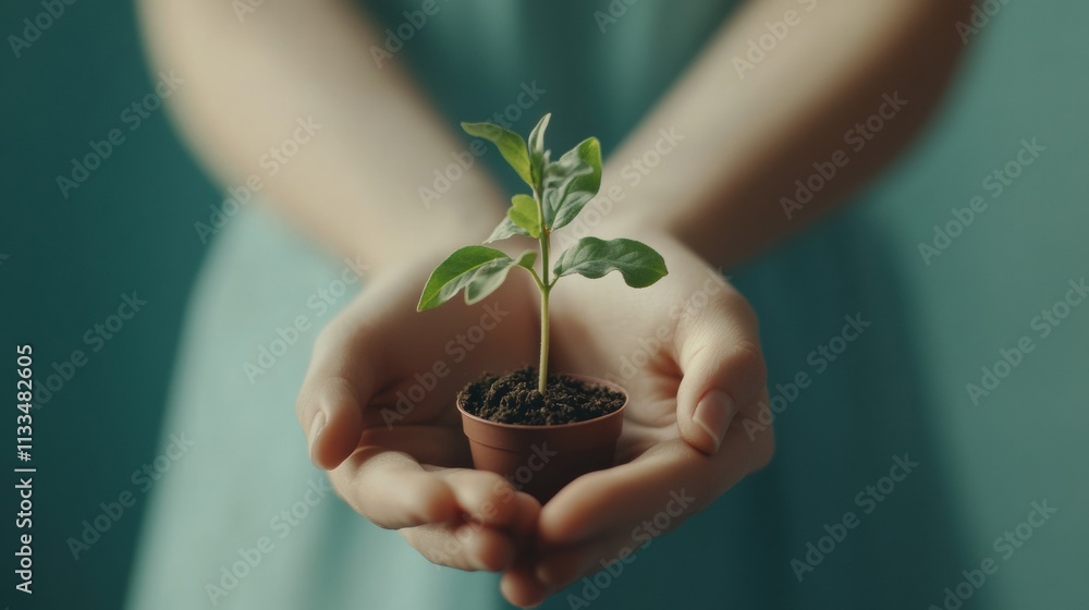 Poster Two hands are gently cradling a small seedling planted in a tiny pot, symbolizing growth and connection to nature in a calm indoor atmosphere. Generative AI