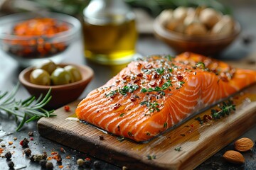 Baked salmon with vegetables and ratatouille on a plate