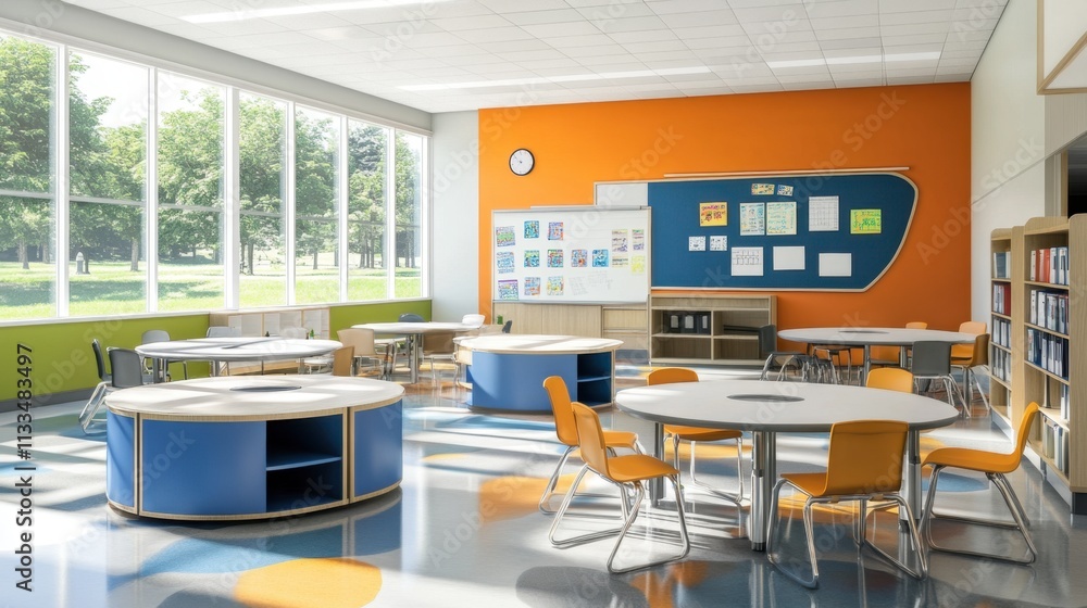 Poster bright and modern classroom with collaborative learning spaces