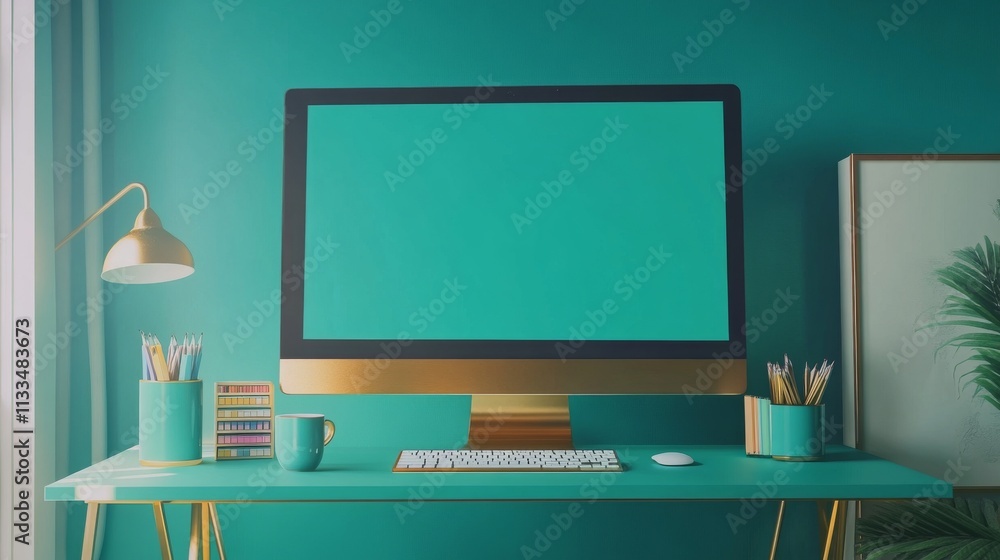 Poster a stylish and minimalist workspace features a sleek desktop computer with teal and gold accents, pla