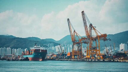 Port Infrastructure with Cranes and Cargo Ship by Waterway