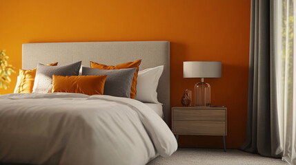 Modern bedroom featuring orange accent wall and cozy bedding in bright natural light