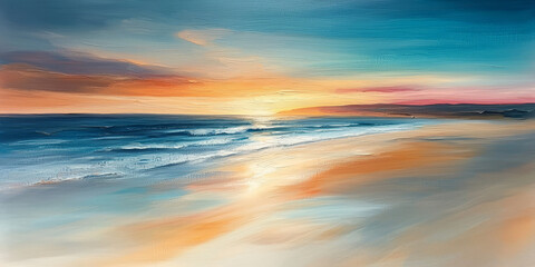 Obraz premium Serene Beach Sunset Over Calm Ocean Waves