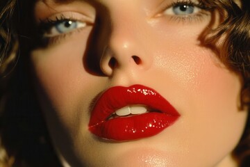 Naklejka premium Model showing bright red lipstick and blue eyes in close up beauty portrait