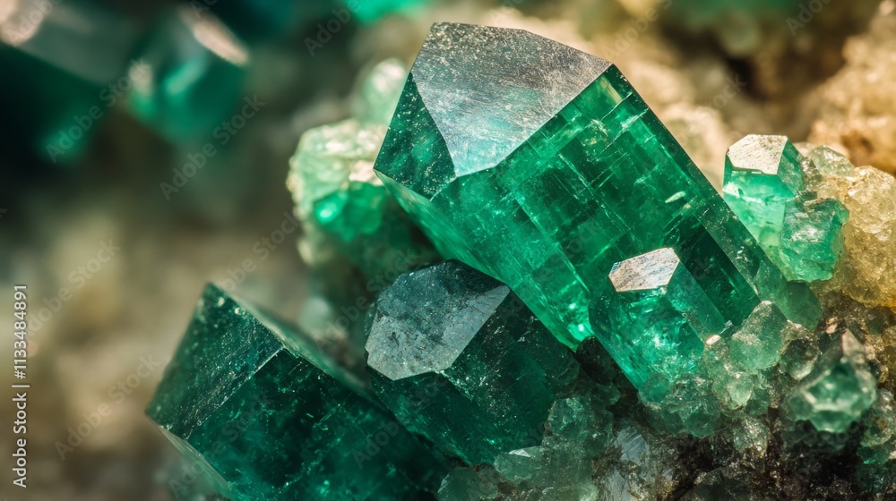 Poster Gleaming emerald gemstones display their vibrant green hues and distinctive crystal structures amidst a rocky backdrop. The captivating details highlight their natural beauty in geological formation.