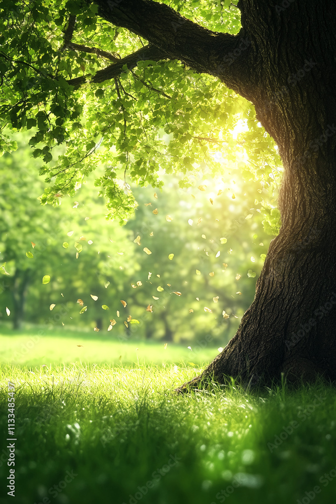 Poster sunlight filtering through leaves creates a serene atmosphere in a lush green park during a tranquil
