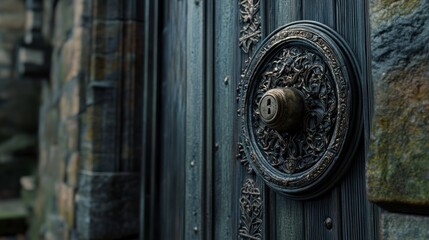 Ornate Door Knob with Intricate Floral Patterns on Wooden Door