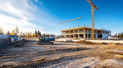 construction site for a large building with a clear blue sky background