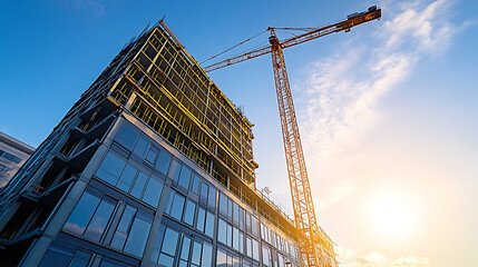 construction site for a large building with a clear blue sky background