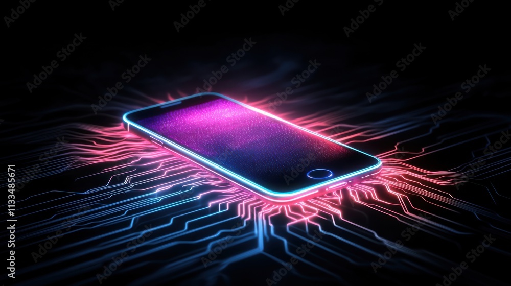 Aufkleber vibrant smartphone design with neon lights and circuit patterns on a dark background for technology 