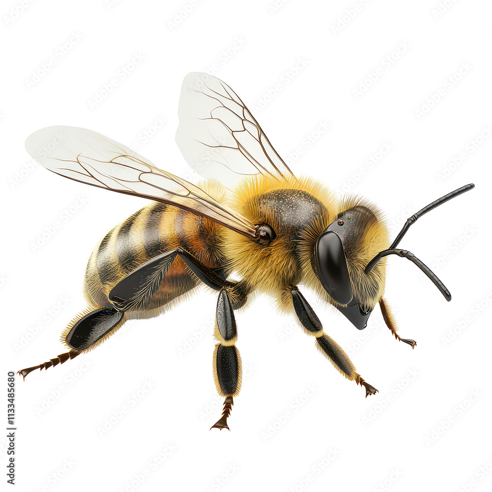 Poster a close-up of a bee showcasing detailed features on a pristine transparent background revealing, a d