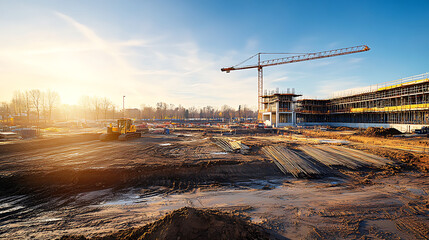 construction site for a large building with a clear blue sky background