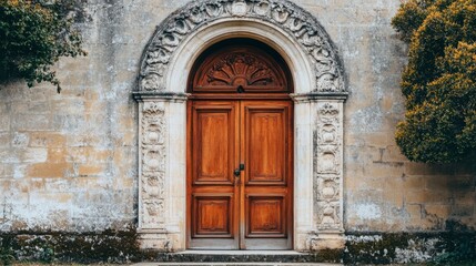 Vintage Wooden Door with Ornate Architectural Details and Surroundings